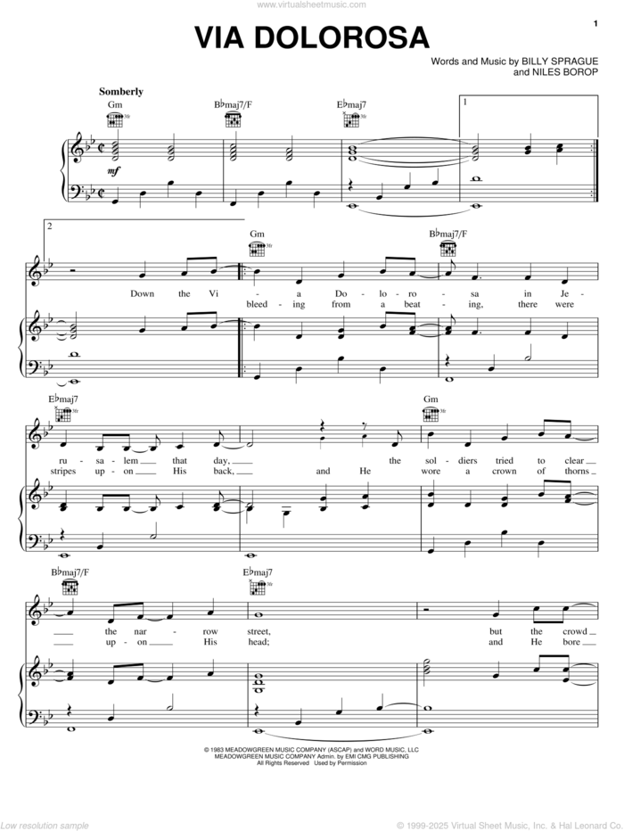 Via Dolorosa sheet music for voice, piano or guitar by Sandi Patty, Billy Sprague and Niles Borop, intermediate skill level