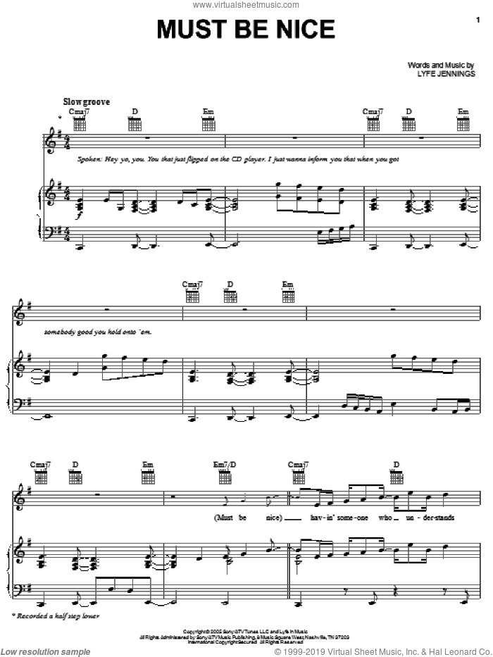 Must Be Nice sheet music for voice, piano or guitar by Lyfe Jennings, intermediate skill level