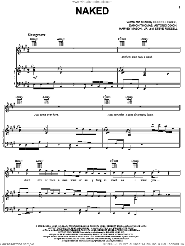 Naked sheet music for voice, piano or guitar by Marques Houston, Antonio Dixon, Damon Thomas, Durrell Babbs, Harvey Mason, Jr. and Steve Russell, intermediate skill level