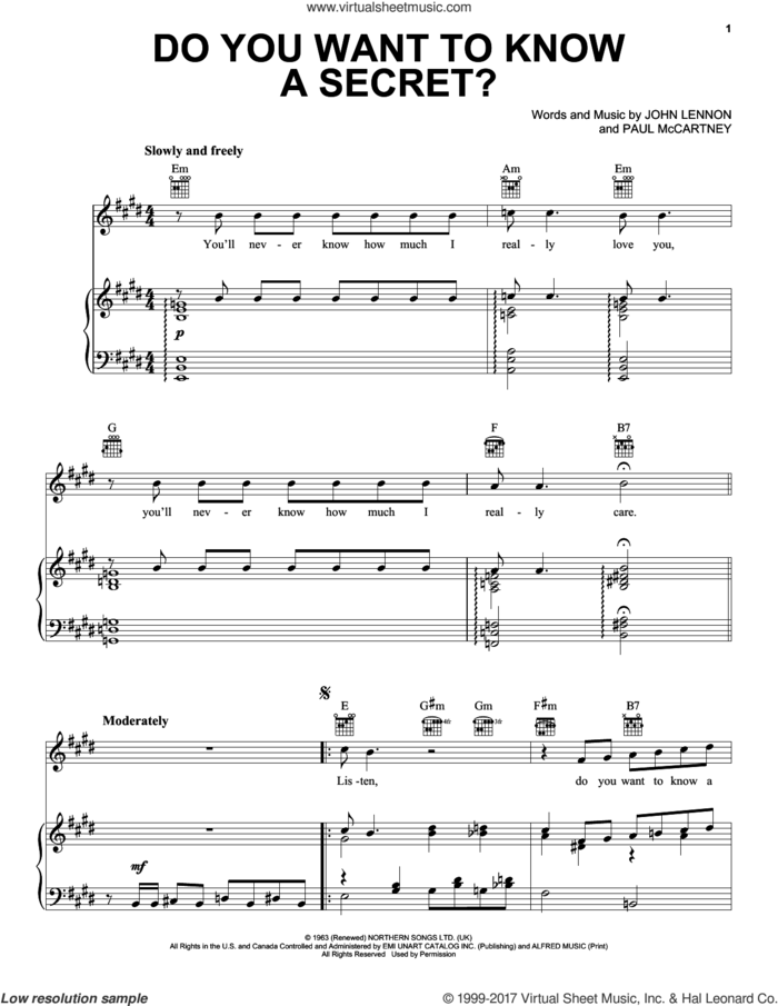 Do You Want To Know A Secret sheet music for voice, piano or guitar by The Beatles, John Lennon and Paul McCartney, intermediate skill level