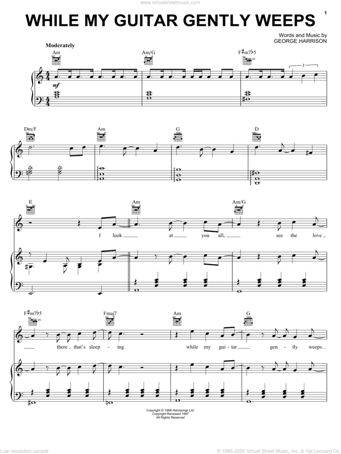 While My Guitar Gently Weeps sheet music for voice, piano or guitar by The Beatles, Across The Universe (Movie), Jeff Healey and George Harrison, intermediate skill level