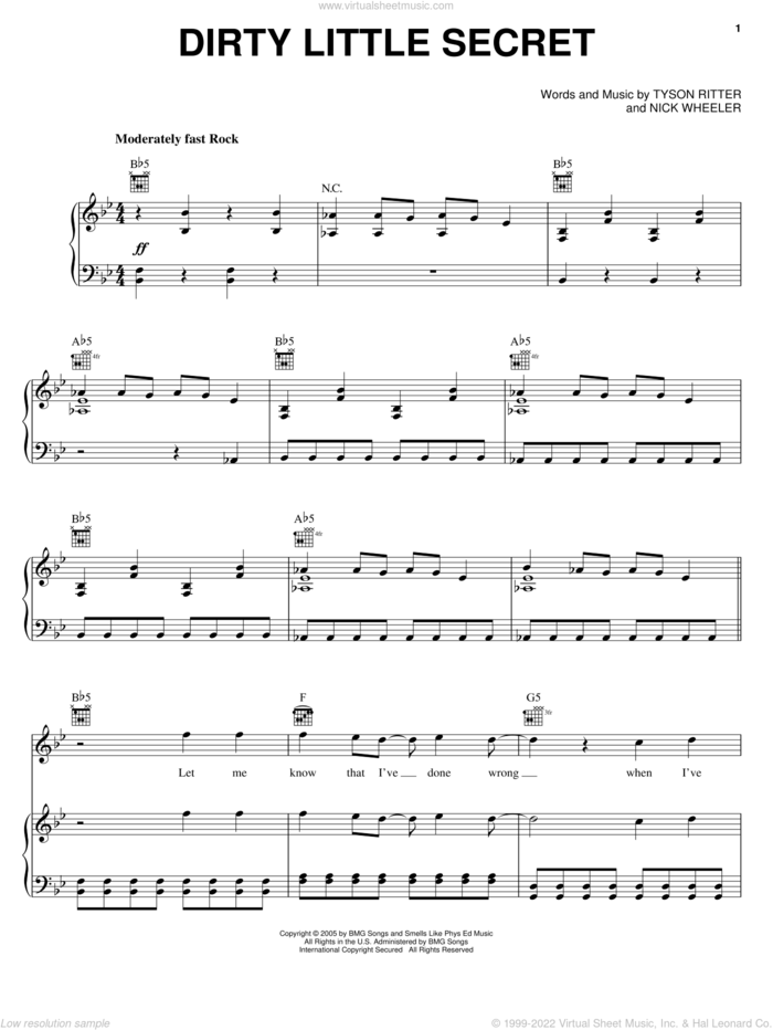 Dirty Little Secret sheet music for voice, piano or guitar by The All-American Rejects, Nick Wheeler and Tyson Ritter, intermediate skill level