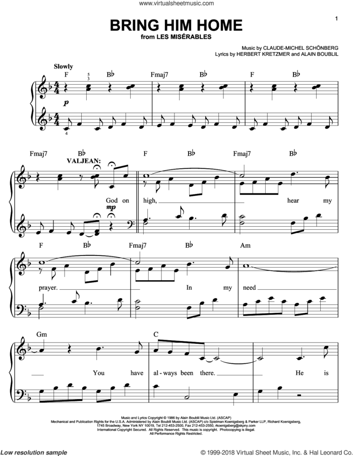 Bring Him Home (from Les Miserables) sheet music for piano solo by Claude-Michel Schonberg, Les Miserables (Musical), Alain Boublil and Herbert Kretzmer, easy skill level
