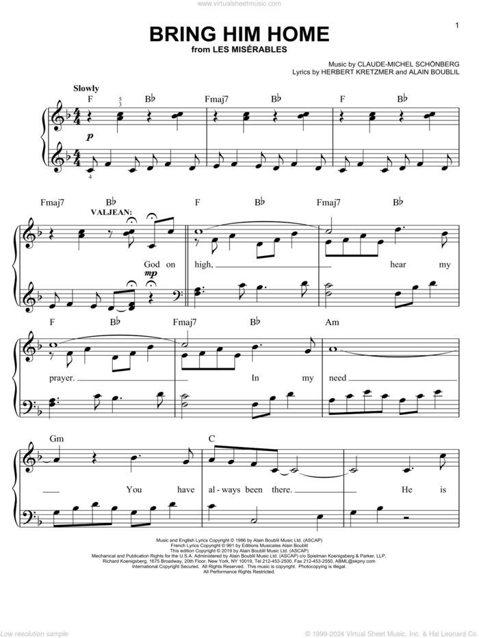 Bring Him Home (from Les Miserables), (easy) sheet music for piano solo by Claude-Michel Schonberg, Les Miserables (Musical), Alain Boublil and Herbert Kretzmer, easy skill level