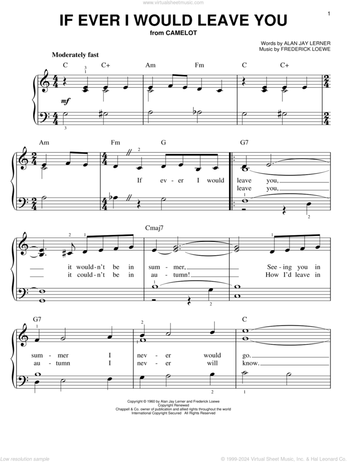 If Ever I Would Leave You sheet music for piano solo by Lerner & Loewe, Camelot (Musical), Alan Jay Lerner and Frederick Loewe, easy skill level