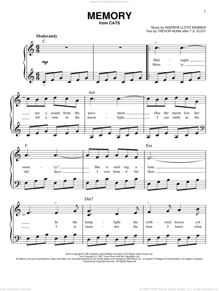 Memory (from Cats) sheet music for piano solo by Andrew Lloyd Webber, Barbra Streisand, Cats (Musical) and Trevor Nunn, beginner skill level