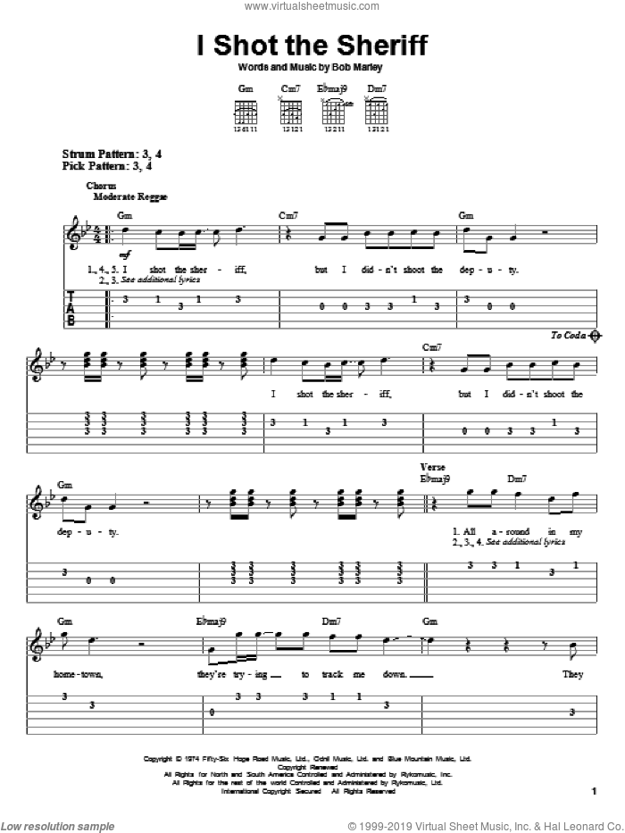 I Shot The Sheriff sheet music for guitar solo (easy tablature) by Eric Clapton, Warren G and Bob Marley, easy guitar (easy tablature)