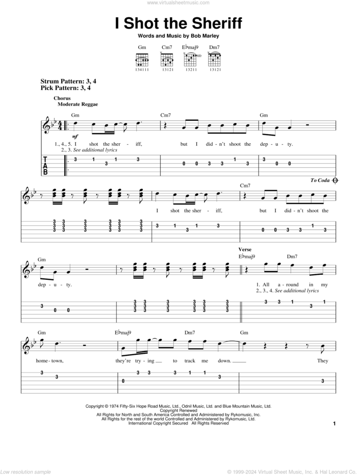 I Shot The Sheriff sheet music for guitar solo (easy tablature) by Eric Clapton, Warren G and Bob Marley, easy guitar (easy tablature)