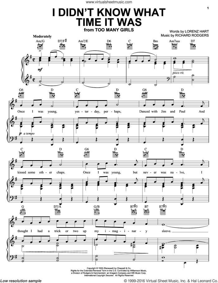 I Didn't Know What Time It Was sheet music for voice, piano or guitar by Rodgers & Hart, Lorenz Hart and Richard Rodgers, intermediate skill level