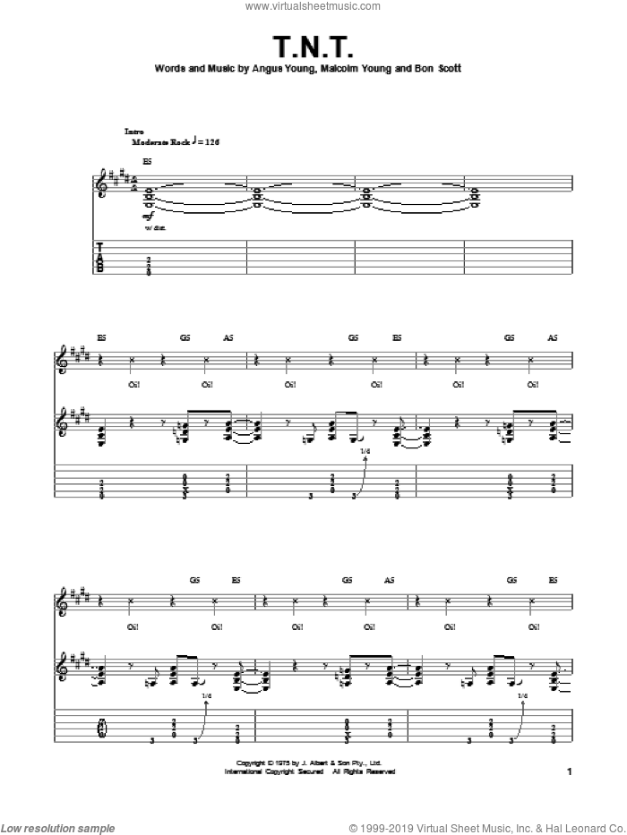 T.N.T. sheet music for guitar (tablature, play-along) by AC/DC, Angus Young, Bon Scott and Malcolm Young, intermediate skill level