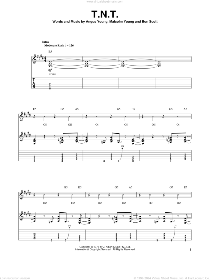 T.N.T. sheet music for guitar (tablature, play-along) by AC/DC, Angus Young, Bon Scott and Malcolm Young, intermediate skill level