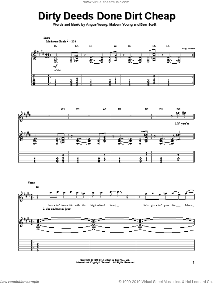 Dirty Deeds Done Dirt Cheap sheet music for guitar (tablature, play-along) by AC/DC, Angus Young, Bon Scott and Malcolm Young, intermediate skill level