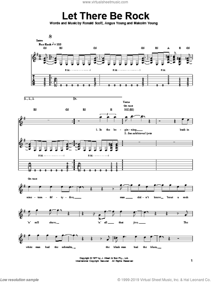 Let There Be Rock sheet music for guitar (tablature, play-along) by AC/DC, Angus Young, Malcolm Young and Ronnie Scott, intermediate skill level