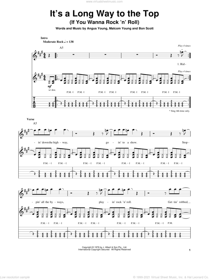 It's A Long Way To The Top (If You Wanna Rock 'N' Roll) sheet music for guitar (tablature, play-along) by AC/DC, Angus Young, Bon Scott and Malcolm Young, intermediate skill level