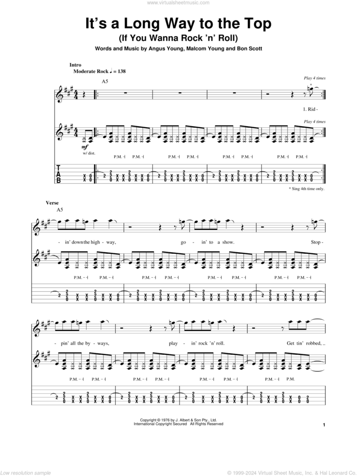 It's A Long Way To The Top (If You Wanna Rock 'N' Roll) sheet music for guitar (tablature, play-along) by AC/DC, Angus Young, Bon Scott and Malcolm Young, intermediate skill level