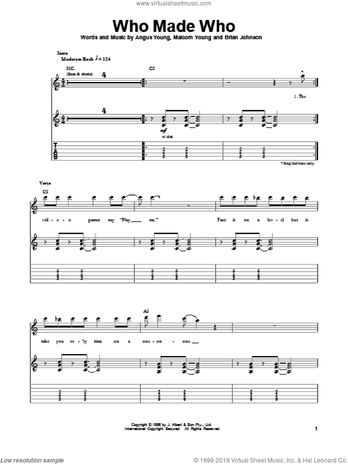 Who Made Who sheet music for guitar (tablature, play-along) by AC/DC, Angus Young, Brian Johnson and Malcolm Young, intermediate skill level