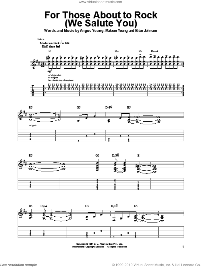 For Those About To Rock (We Salute You) sheet music for guitar (tablature, play-along) by AC/DC, Angus Young, Brian Johnson and Malcolm Young, intermediate skill level