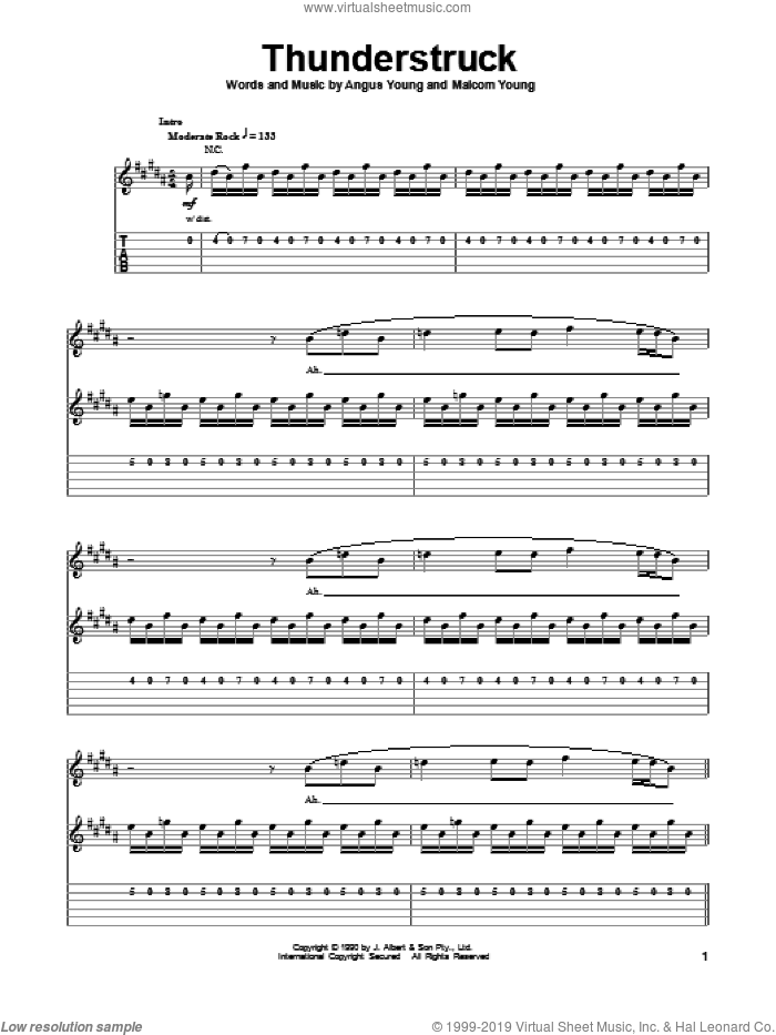 Thunderstruck sheet music for guitar (tablature, play-along) by AC/DC, Angus Young and Malcolm Young, intermediate skill level