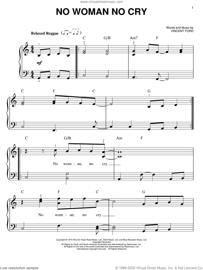 No Woman No Cry sheet music for piano solo by Bob Marley and Vincent Ford, easy skill level