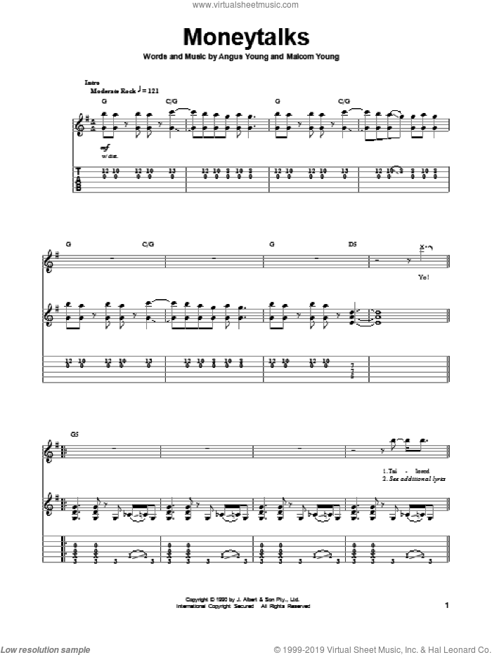 Moneytalks sheet music for guitar (tablature, play-along) by AC/DC, Angus Young and Malcolm Young, intermediate skill level