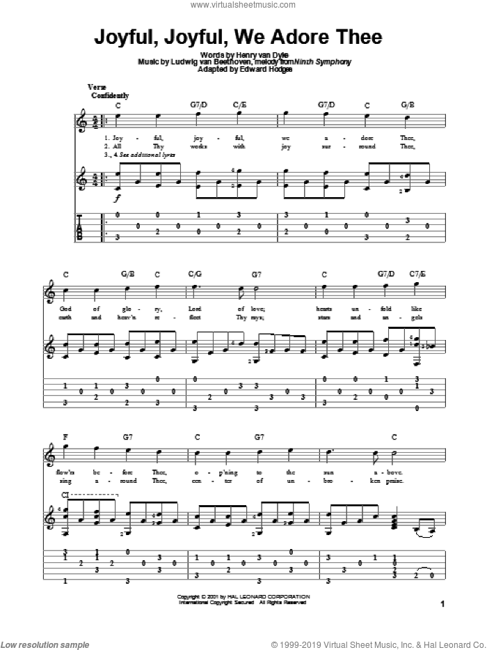 Joyful, Joyful, We Adore Thee sheet music for guitar solo by Ludwig van Beethoven, classical wedding score, intermediate skill level