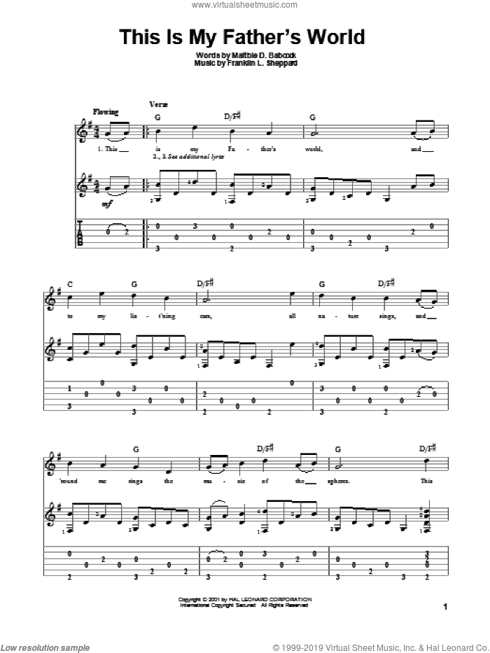 This Is My Father's World sheet music for guitar solo by Maltbie D. Babcock, intermediate skill level