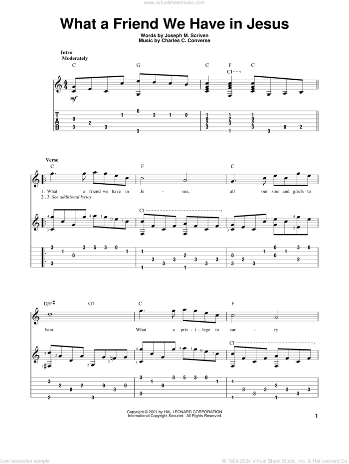 What A Friend We Have In Jesus sheet music for guitar solo by Joseph M. Scriven, intermediate skill level