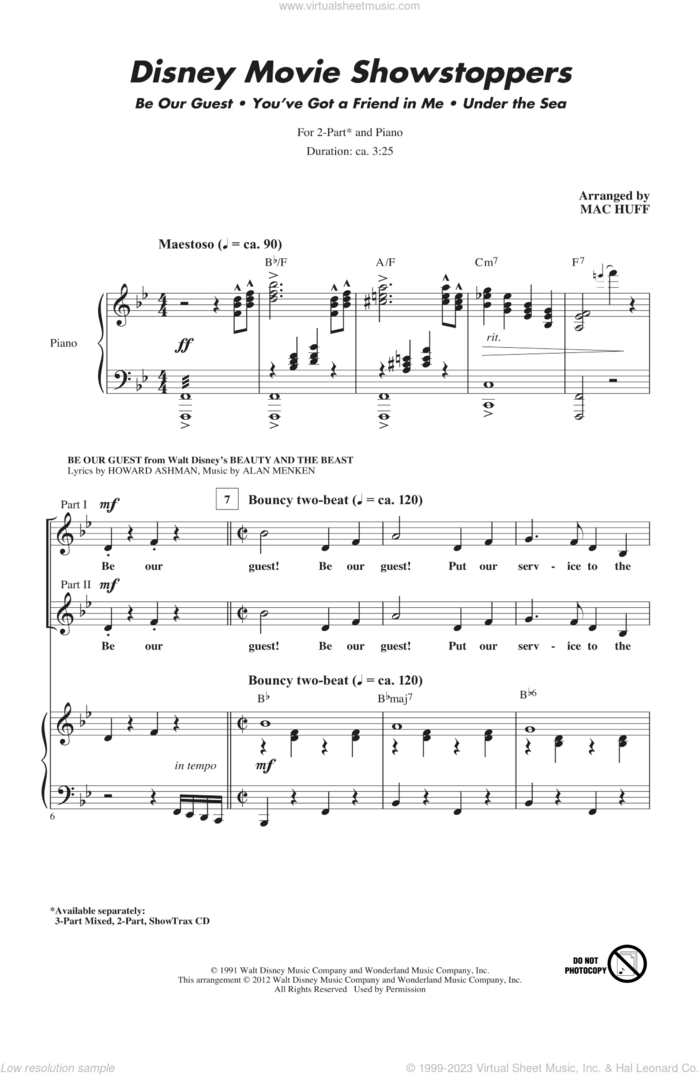 Disney Movie Showstoppers sheet music for choir (2-Part) by Alan Menken, Howard Ashman, Randy Newman and Mac Huff, intermediate duet