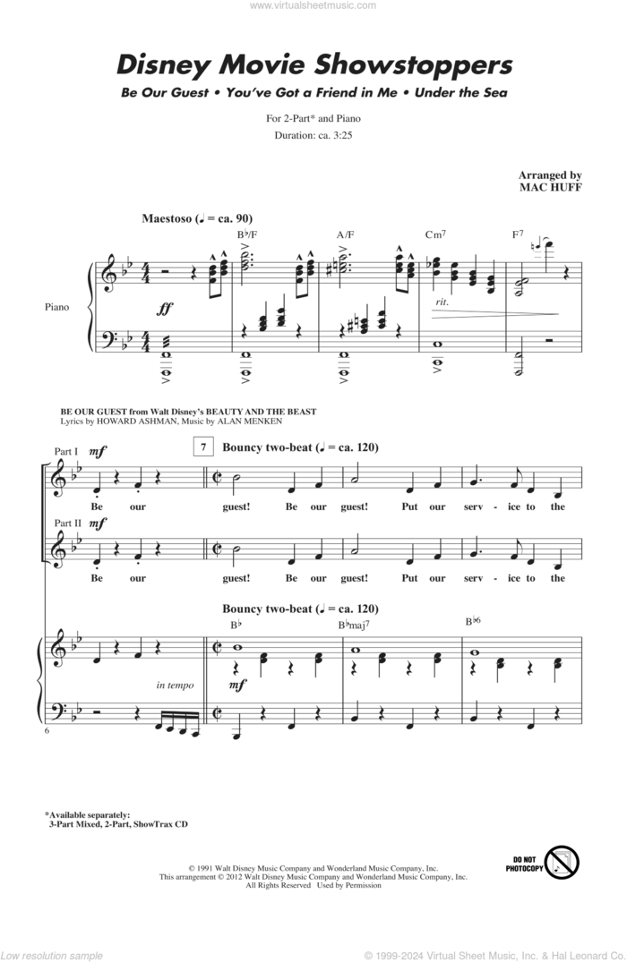 Disney Movie Showstoppers sheet music for choir (2-Part) by Alan Menken, Howard Ashman, Randy Newman and Mac Huff, intermediate duet