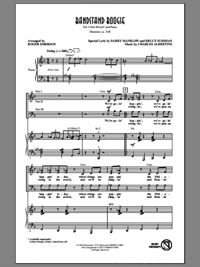 Bandstand Boogie sheet music for choir (3-Part Mixed) by Roger Emerson, intermediate skill level