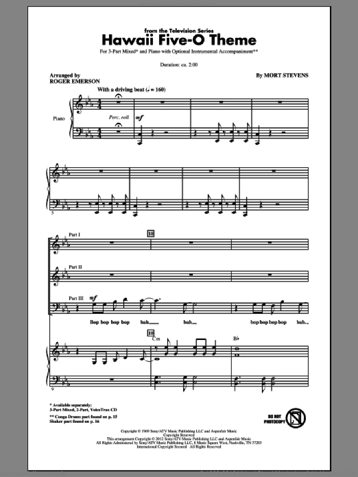 Hawaii Five-O Theme sheet music for choir (3-Part Mixed) by Roger Emerson and Mort Stevens, intermediate skill level