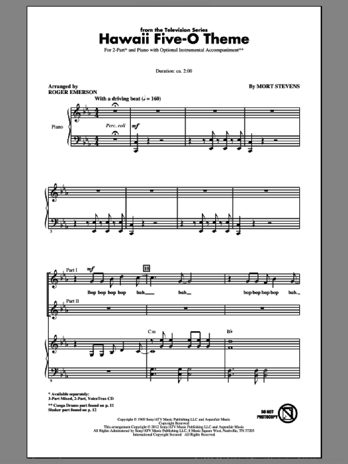 Hawaii Five-O Theme sheet music for choir (2-Part) by Roger Emerson and Mort Stevens, intermediate duet