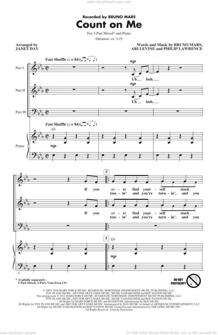 Count On Me (arr. Janet Day) sheet music for choir (3-Part Mixed) by Bruno Mars, Ari Levine, Philip Lawrence and Janet Day, intermediate skill level