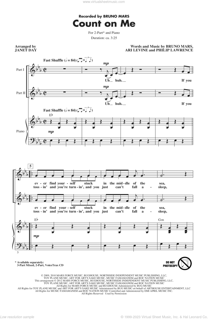 Count On Me (arr. Janet Day) sheet music for choir (2-Part) by Bruno Mars, Ari Levine, Philip Lawrence and Janet Day, intermediate duet