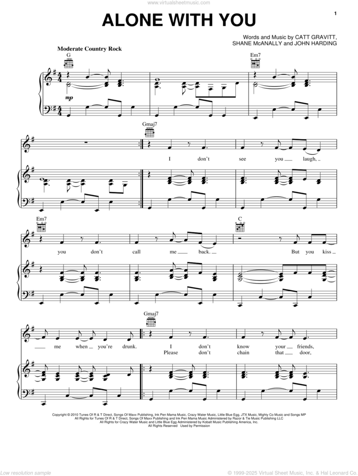 Alone With You sheet music for voice, piano or guitar by Jake Owen, Catt Gravitt, John Harding and Shane McAnally, intermediate skill level