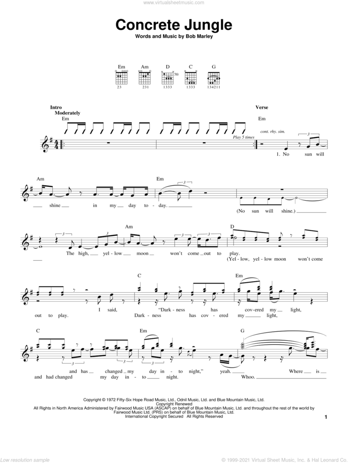 Concrete Jungle sheet music for guitar solo (chords) by Bob Marley, easy guitar (chords)