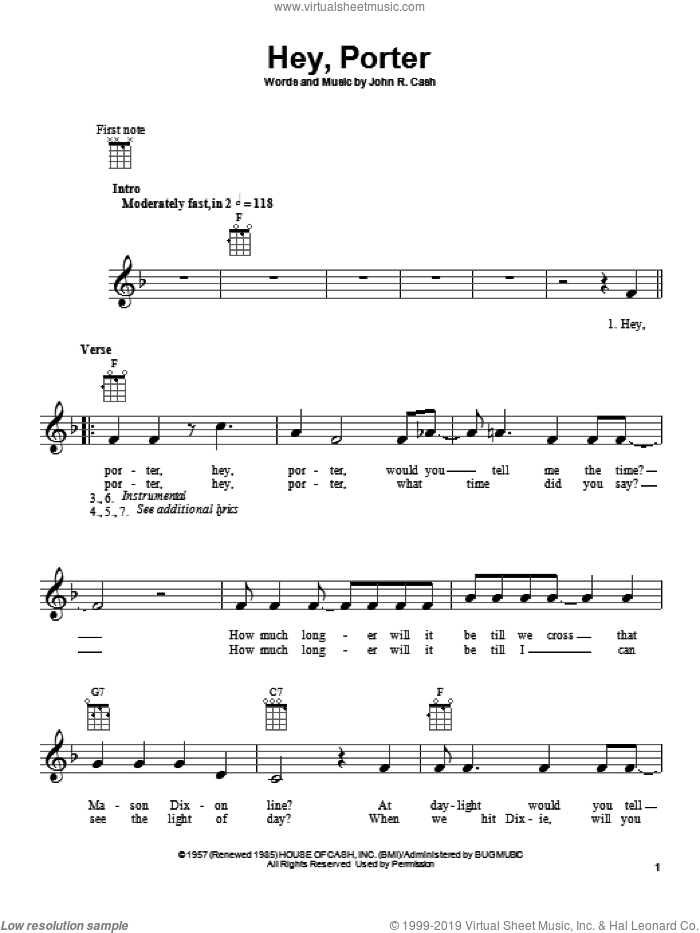 Hey, Porter sheet music for ukulele by Johnny Cash, intermediate skill level