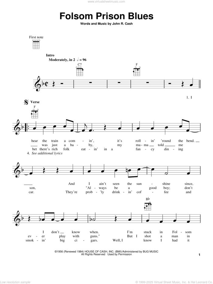 Folsom Prison Blues sheet music for ukulele by Johnny Cash, intermediate skill level