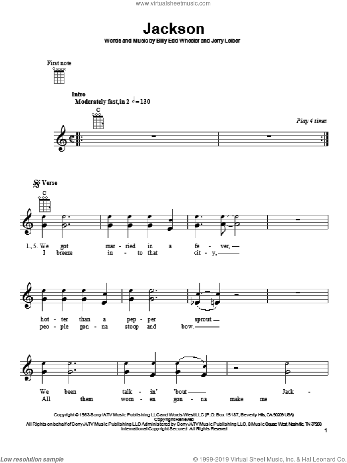 Jackson sheet music for ukulele by Johnny Cash & June Carter, Johnny Cash, Billy Edd Wheeler and Jerry Leiber, intermediate skill level