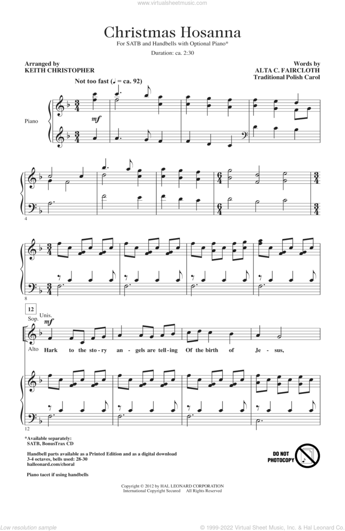 Christmas Hosanna (arr. Keith Christopher) sheet music for choir (SATB: soprano, alto, tenor, bass) by Alta C. Faircloth, Polish Carol and Keith Christopher, intermediate skill level