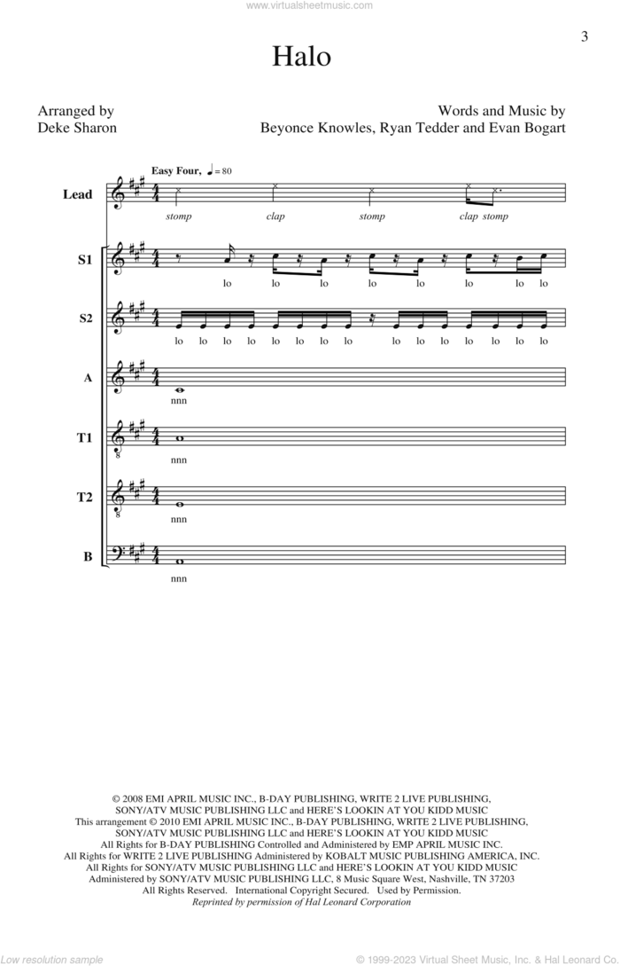 Halo (arr. Deke Sharon) sheet music for choir (SATB: soprano, alto, tenor, bass) by Beyonce and Deke Sharon, intermediate skill level