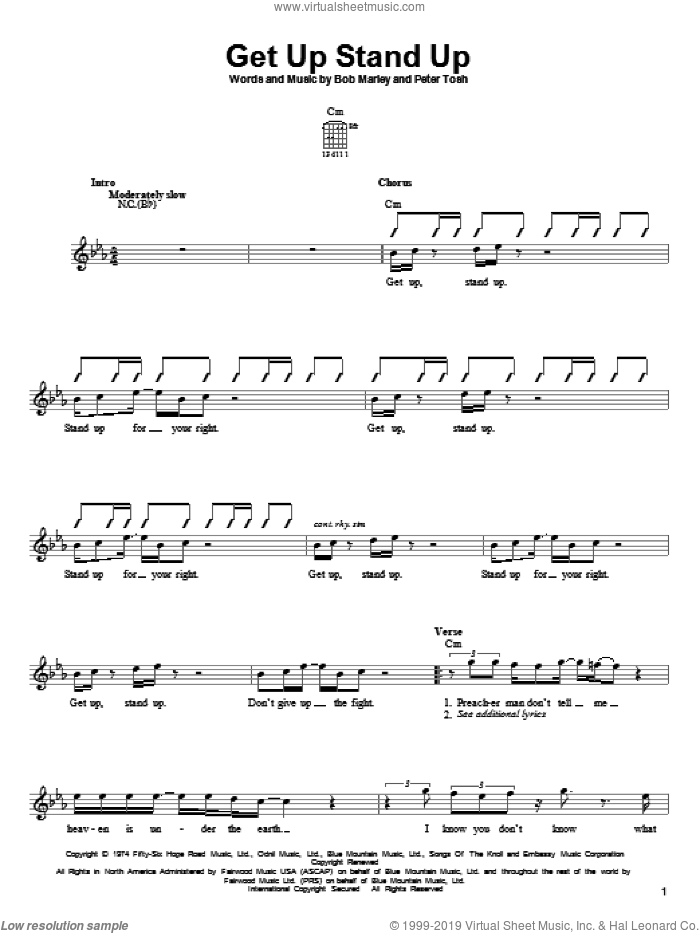 Get Up Stand Up sheet music for guitar solo (chords) by Bob Marley and Peter Tosh, easy guitar (chords)