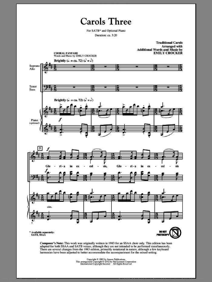 Carols Three (Medley) sheet music for choir (SATB: soprano, alto, tenor, bass) by Emily Crocker, intermediate skill level