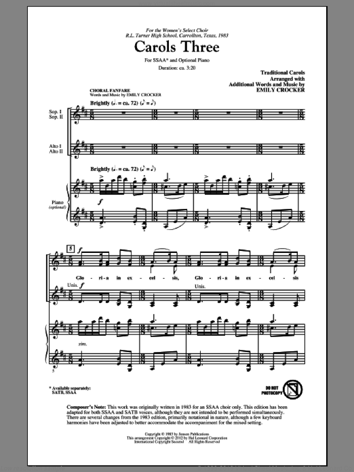 Carols Three (Medley) sheet music for choir (SSA: soprano, alto) by Emily Crocker, intermediate skill level