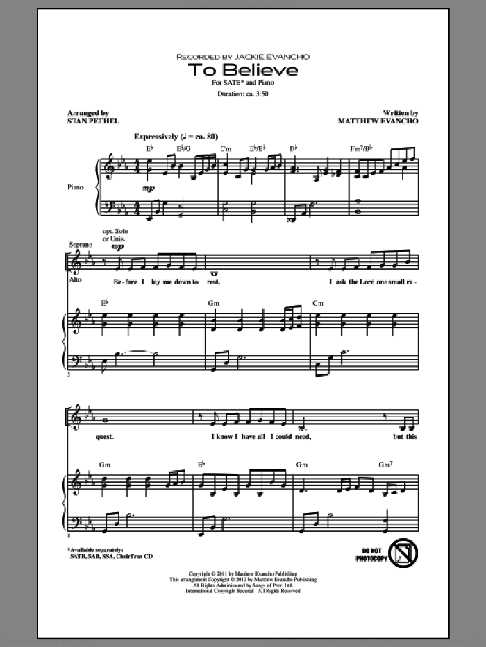 To Believe sheet music for choir (SATB: soprano, alto, tenor, bass) by Stan Pethel, Matthew Evancho and Jackie Evancho, intermediate skill level