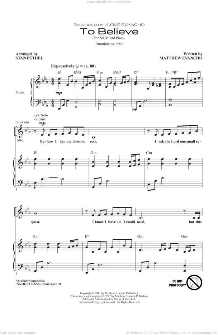 To Believe sheet music for choir (SAB: soprano, alto, bass) by Stan Pethel, Matthew Evancho and Jackie Evancho, intermediate skill level