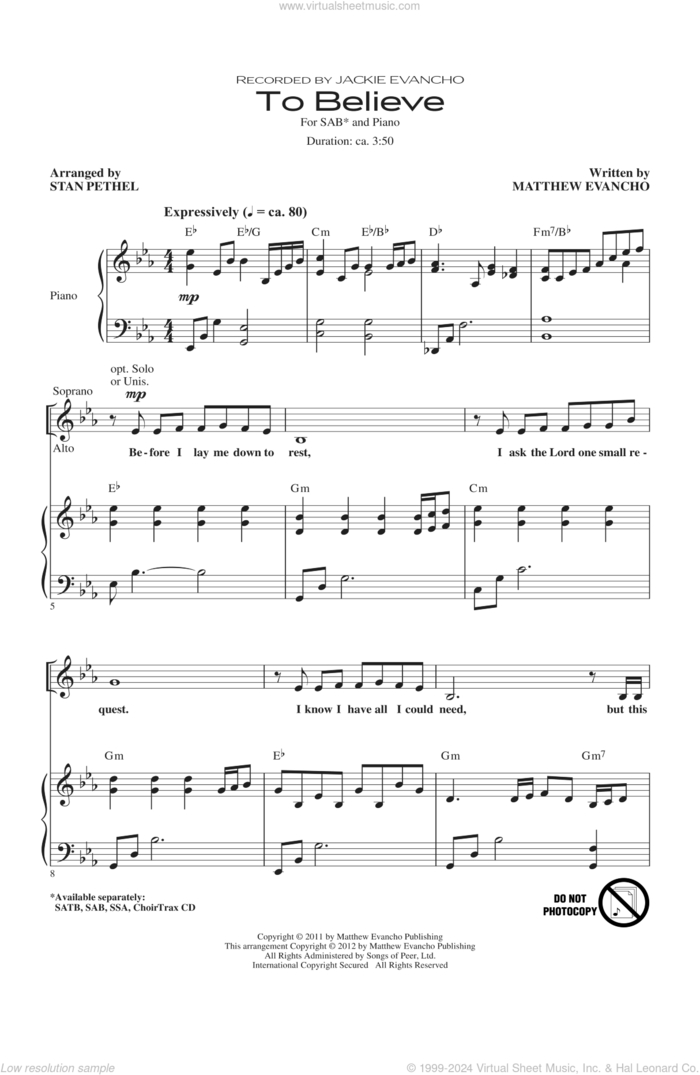 To Believe sheet music for choir (SAB: soprano, alto, bass) by Stan Pethel, Matthew Evancho and Jackie Evancho, intermediate skill level