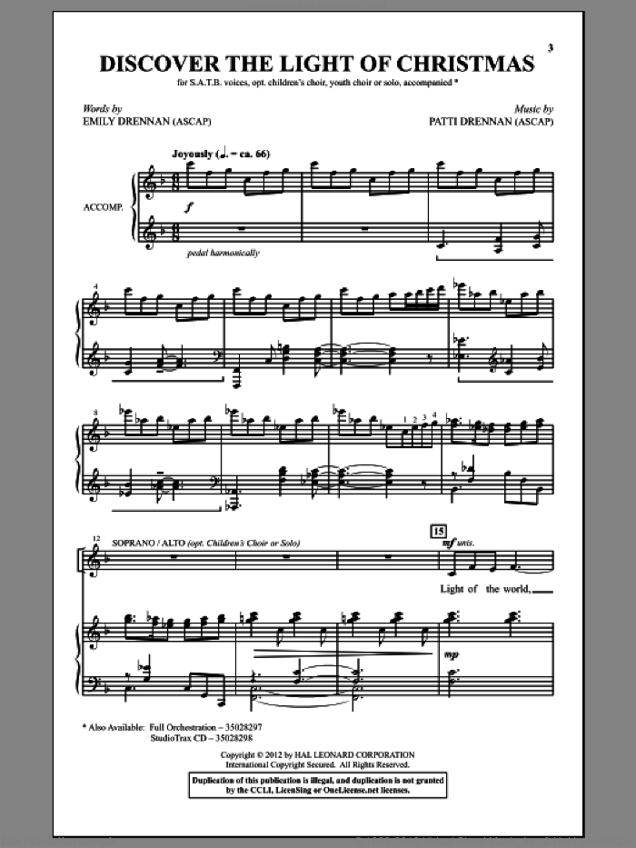 Discover The Light Of Christmas sheet music for choir (SATB: soprano, alto, tenor, bass) by Patti Drennan and Emily Drennan, intermediate skill level