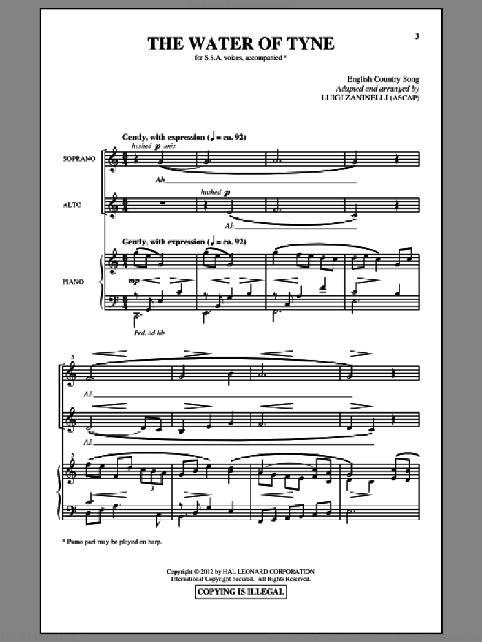 The Water Of Tyne sheet music for choir (SSA: soprano, alto) by Luigi Zaninelli, intermediate skill level