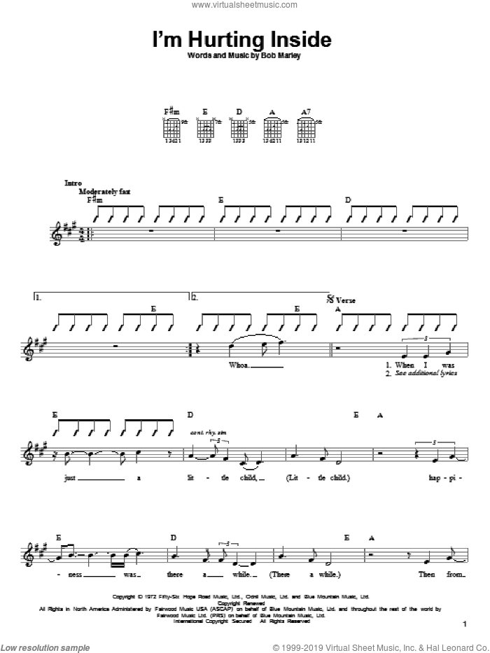 I'm Hurting Inside sheet music for guitar solo (chords) by Bob Marley, easy guitar (chords)